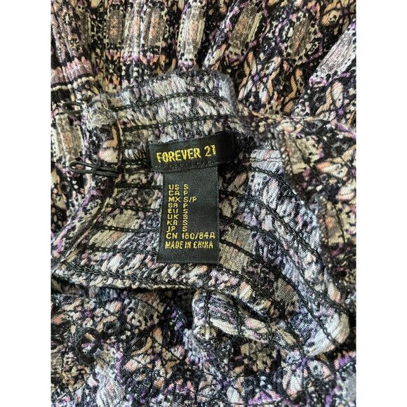 Womens Boho Mini Dress Small Black Purple Floral High Neck Long Sleeve Rayon - Picture 7 of 8